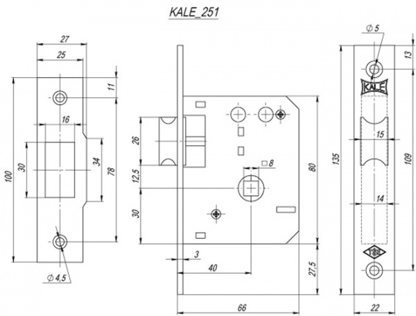 ЗАЩЁЛКА KALE KILIT ВРЕЗНАЯ 251/R (40 ММ) (ЛАТУНЬ)