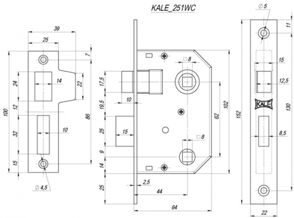 ЗАЩЕЛКА KALE KILIT ВРЕЗНАЯ 251 WC (44 ММ) (ЛАТУНЬ), ПРАВ.